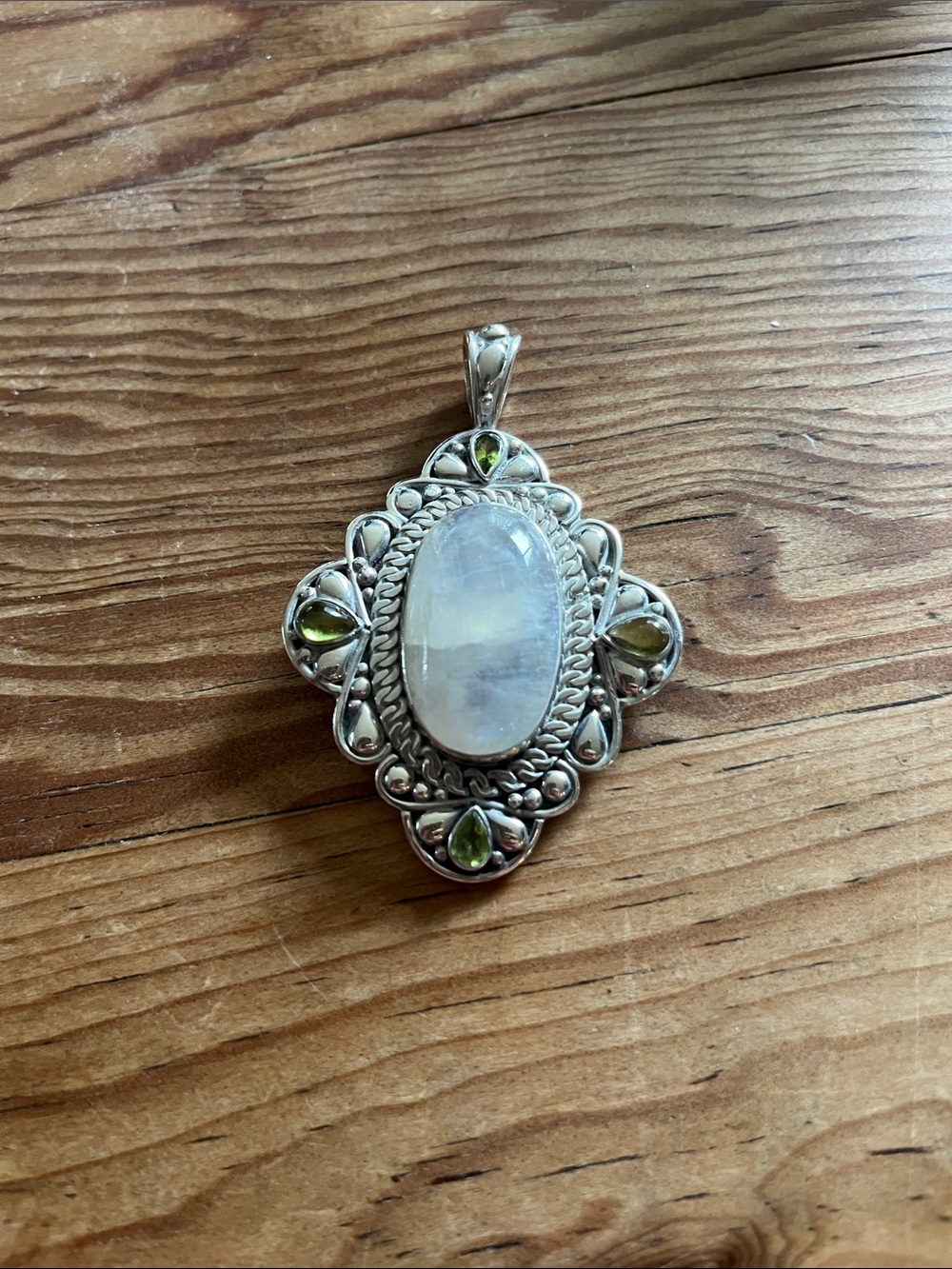 Sterling Moonstone necklace pendant with peridot accents.
